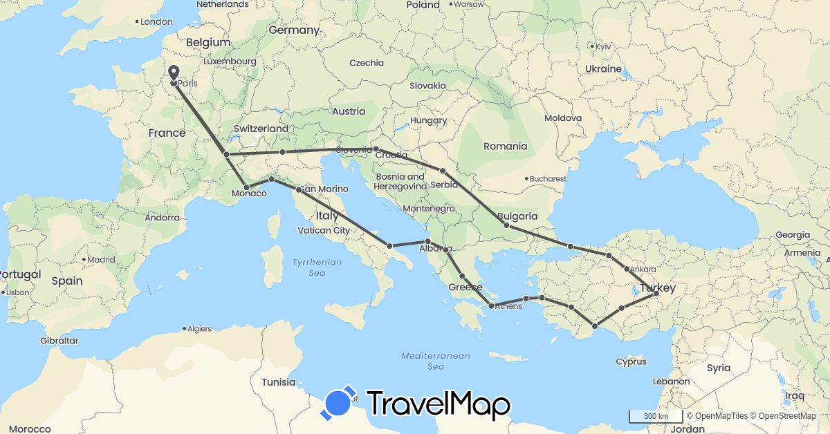TravelMap itinerary: motorbike in Albania, Bulgaria, France, Greece, Croatia, Italy, Serbia, Turkey (Asia, Europe)